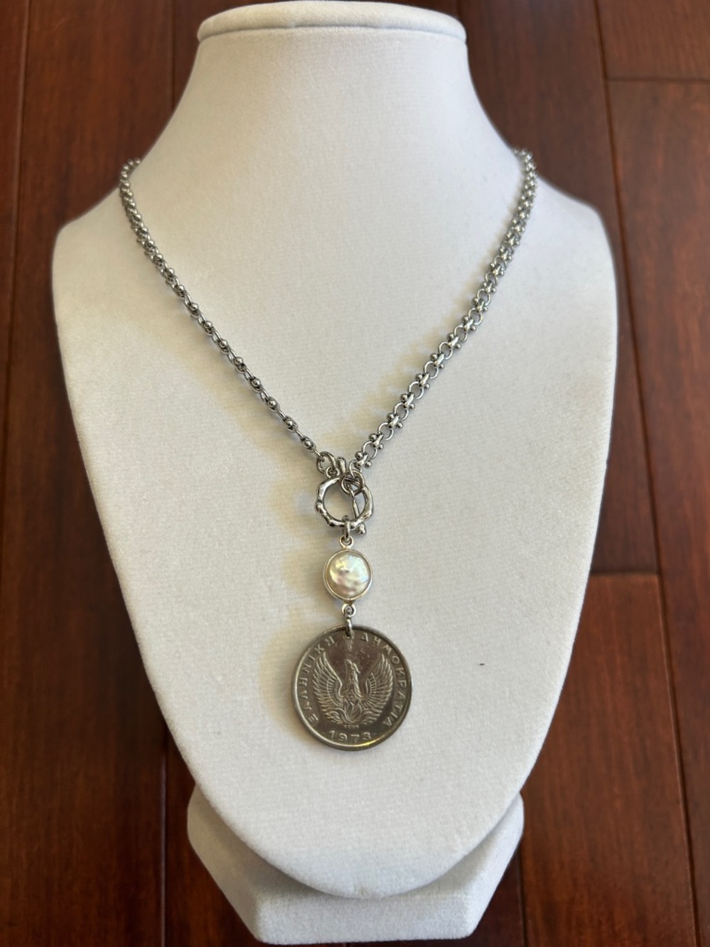 Silver-Tone Coin Pendant Necklace with Pearl Accent - Picture 2 of 4